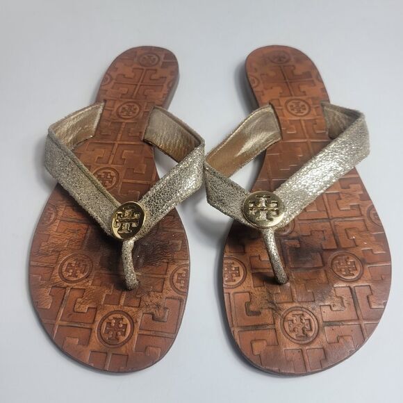 Tory Burch Thora Gold Metallic Sandals - Picture 1 of 5